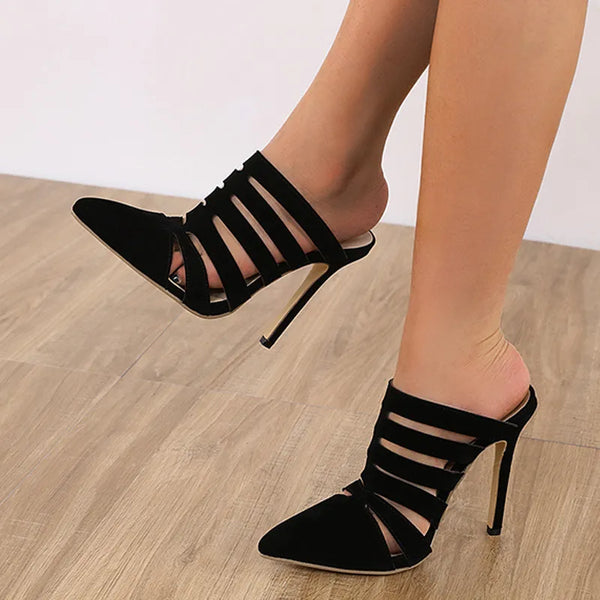 Mules de punta puntiaguda para mujer, zapatillas de tacón alto negras