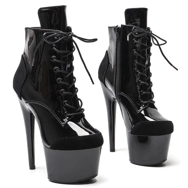 Botas modernas de tacón alto con plataforma para fiesta, de charol, de 17 cm/7 pulgadas, para mujer.