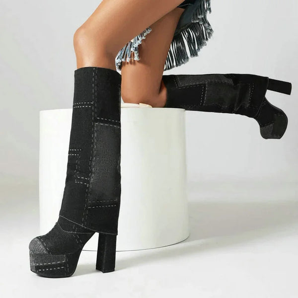 Women Knee High Boots Platform Square High Heel Ladies Calf Boots
