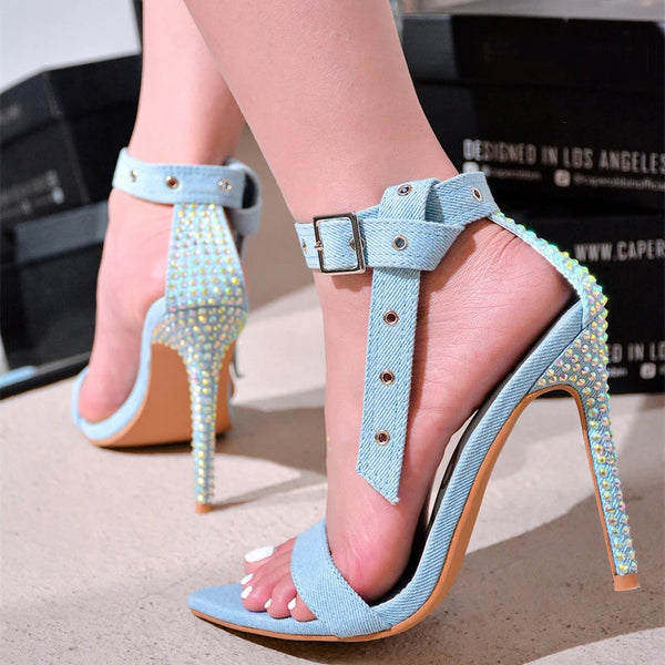 Sandalias de tacón alto y fino con cristales y diamantes de imitación para mujer