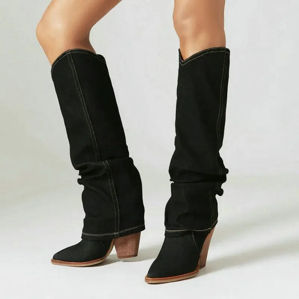 Women Knee High Boots Pointed Toe Wedges High Heel Ladies Western Boots