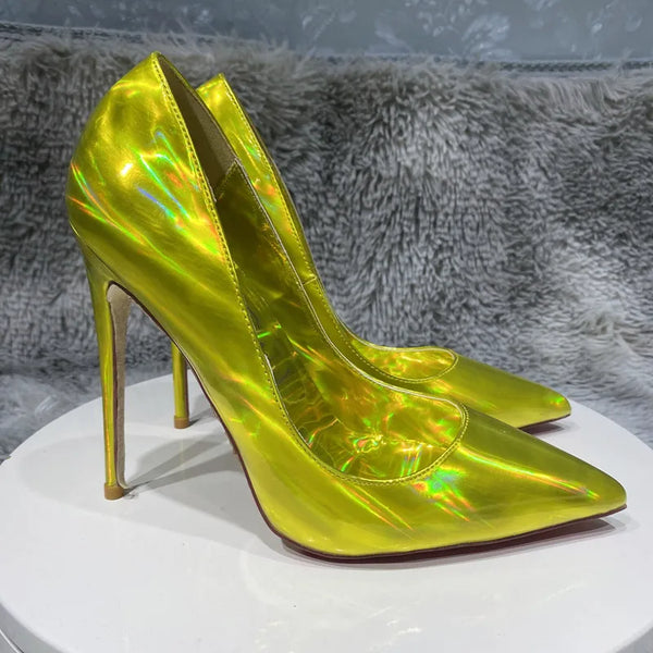 Zapatos de novia de tacón alto con punta puntiaguda de 12 cm y láser dorado para mujer