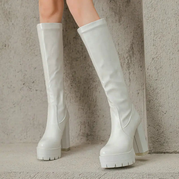 Black White Women Knee High Boots Platform Square High Heel Ladies Calf Boots