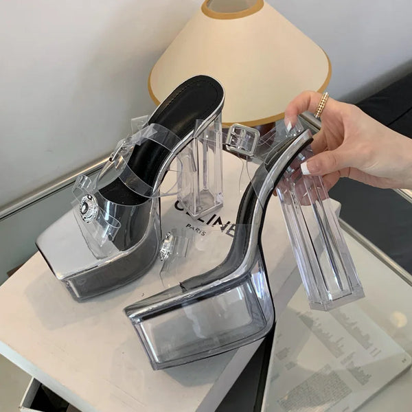 Summer Ankle Buckle Strap Open Toe CRYSTAL Transparen Platform Square Heels Silver Women's Sandals