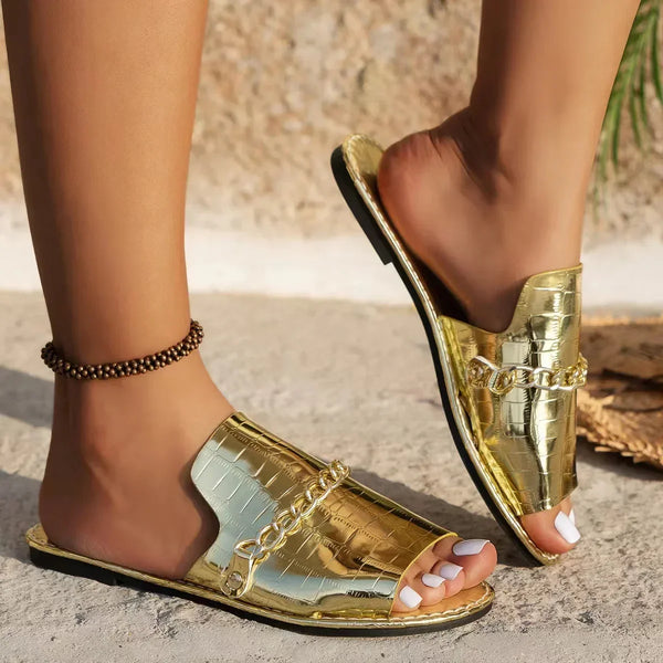 Summer Flat Gold Metal Chain Slippers Women’s