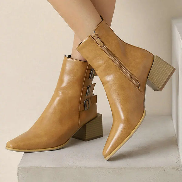 Spring Autumn Women Ankle Boots PU Leather Square Heel Ladies Short Boots
