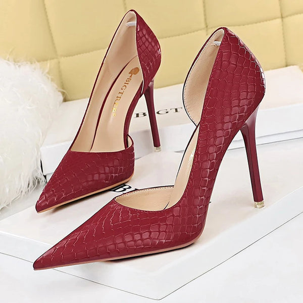 Claret Women Pumps Snake Pattern High Heels Luxury Banquet Shoes Stiletto Heels