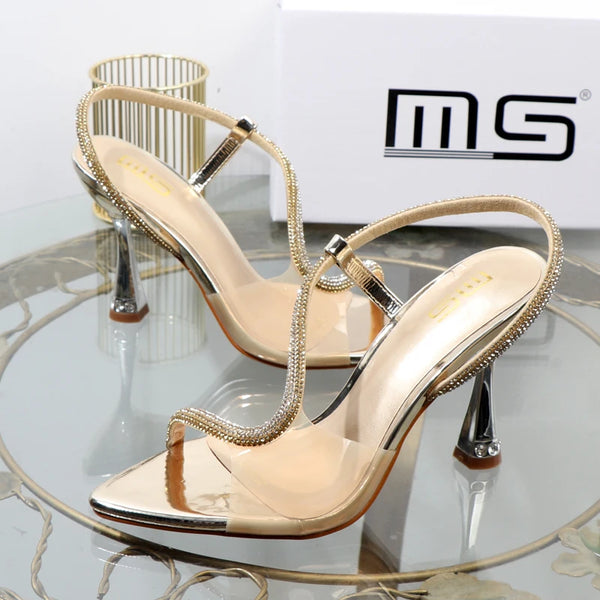 Elegant woman heeled shoes sandals in autumn pointed rhinestones with stiletto heels