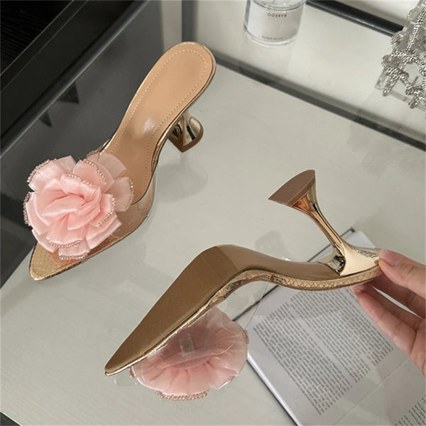 Flower Transparent Women Slippers Pumps Designer Wedding Party Pointed Toe High Heels Sandals
