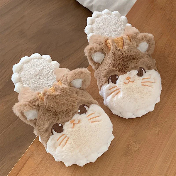 Cute Winter Plush Cat Shaped Slides Slippers