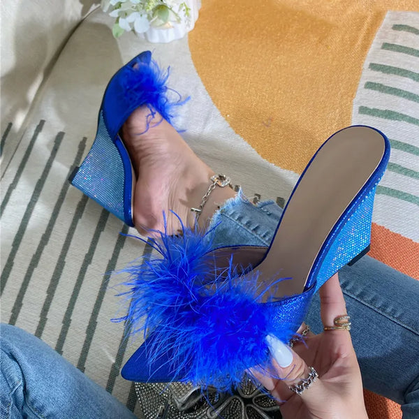 Blue Women Wedges Slippers Fashion Fluffy Feather Summer Sandals