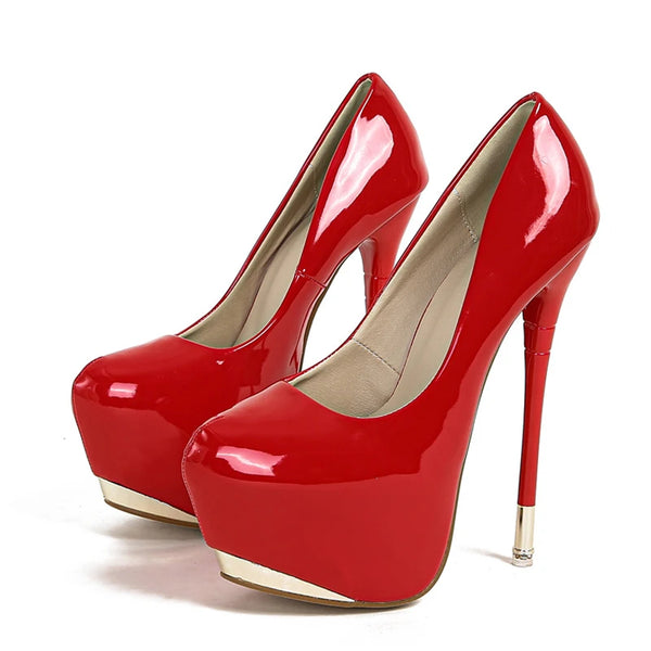 Fashion Design Metal Platform Pumps Women Red Leather Round Toe 16CM  High Heels