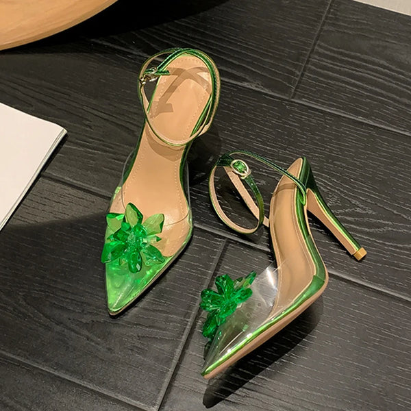 Nuevo estilo de zapatos de tacón alto con flores de cristal para mujer, sexys, con punta puntiaguda y color verde.