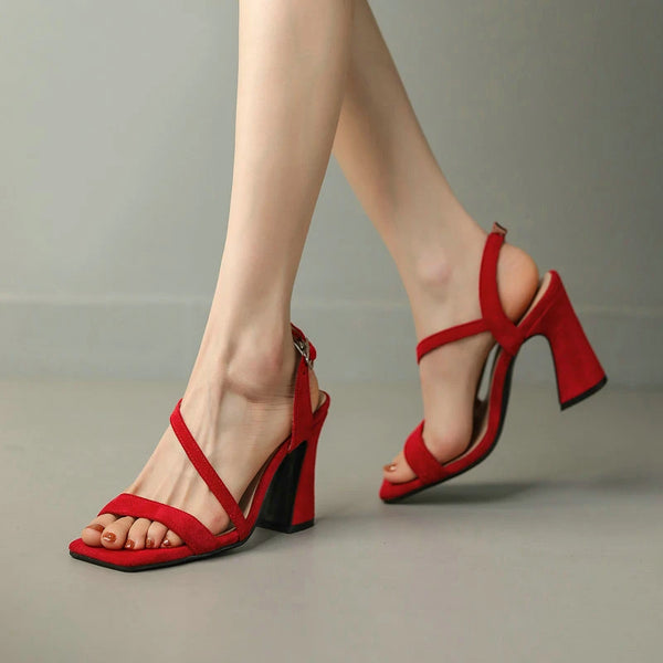 New Women Shoes Open Toe Square High Heel Ladies Sandals Flock High Quality Buckle Dress Women Shoes