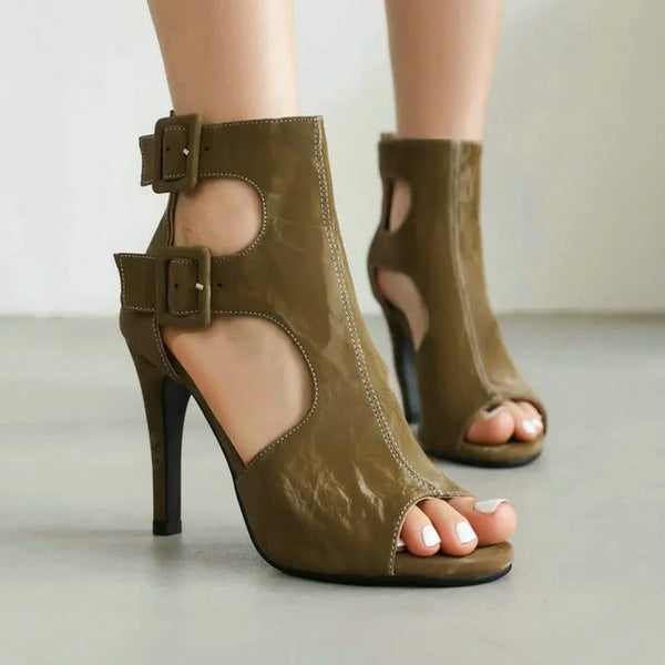 Summer Women Ankle Boots Peep Toe Thin High Heel Ladies Short Boots Microfiber Buckle Back Zipper Dress Fashion  Shoes