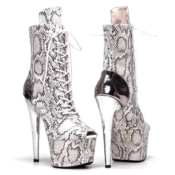 Botas modernas de tacón alto con plataforma para mujer, punta abierta, parte superior de PU, 17 cm/7 pulgadas, para fiesta