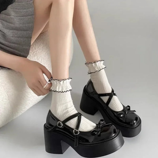 Women's Chunky Heel Mary Janes Shoes Spring Round Toe Pumps Platform Shoes