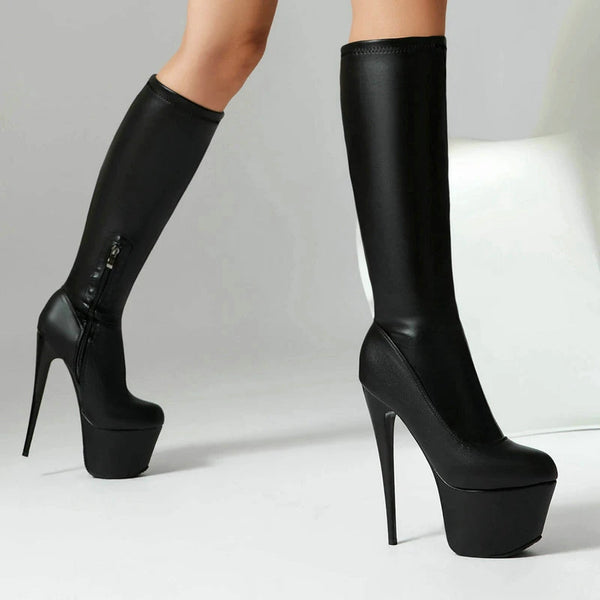 Black Red  Women Knee High Boots Platform Thin High Heel Ladies Calf Boots