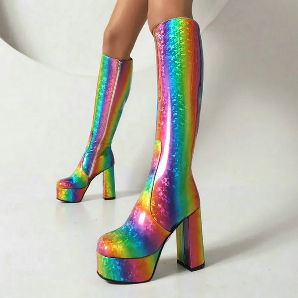 Platform Square High Heel Ladies Calf Boots Patent PU Leather Round Toe Zipper Dress Women's Boots