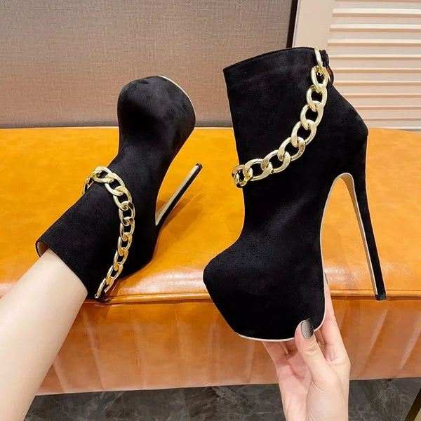 Spring Autumn Round Toe Women Boots Classics Metal Chain Zipper Nightclub Stiletto High Heels