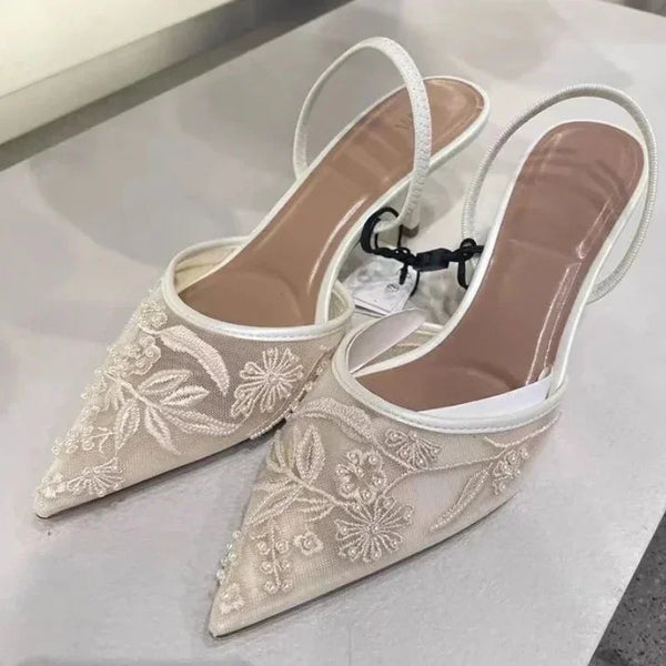 Mesh Embroidered Brand Sandals Women String Bead Thin Heels