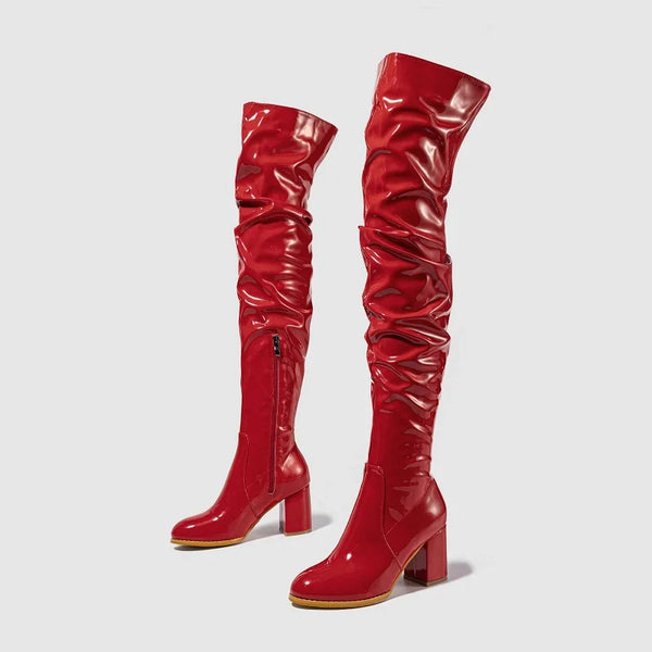 New Style Women Chunky High Heel Boots Designer Shoes Microfiber Leather Long Booties