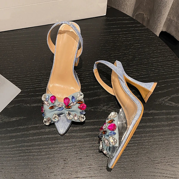 Fashion Design Gem Bowknot Women Pumps Sexy Pointed Toe Blue Denim Strange High Heels