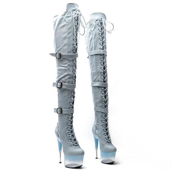 Botas largas de tacón alto con plataforma para fiesta de 17 cm/7 pulgadas para mujer