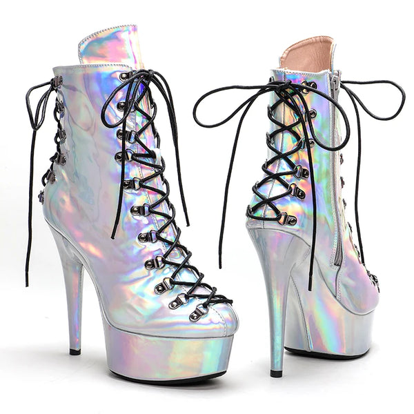 New Silver Holo Upper 15CM/6Inch Women's Platform Party High Heels Boots