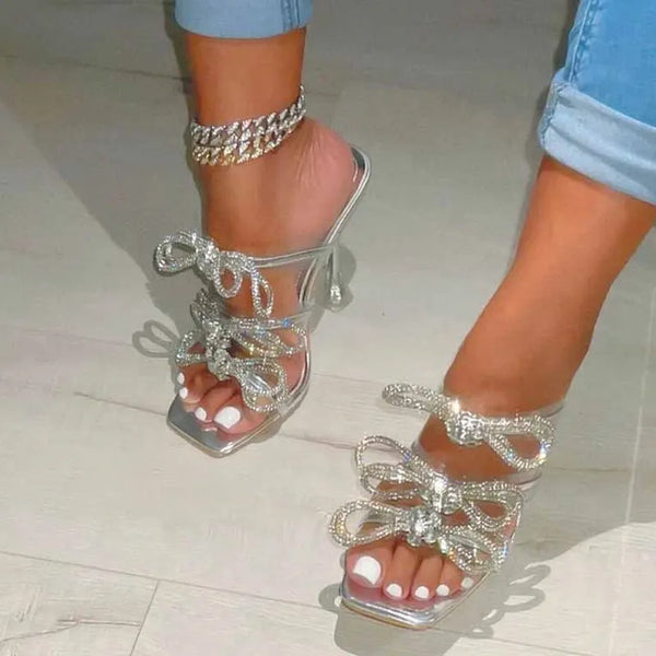 Fashion Gold Glitter Rhinestones Women Slippers Summer Crystal Bowknot High Heels