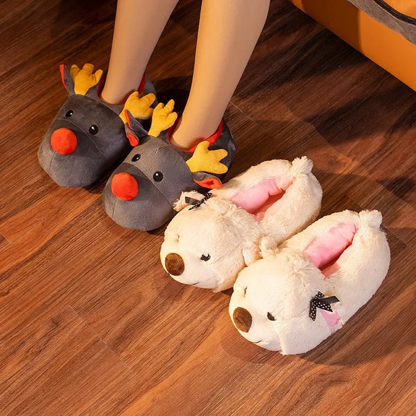 Pantuflas navideñas de invierno con forma de ciervo