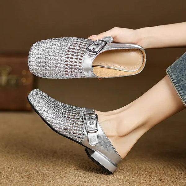 Summer Women Slipper Low Square Heel Round Toe Ladies Modern Slippers Pull on Outside Women Shoes Sliver