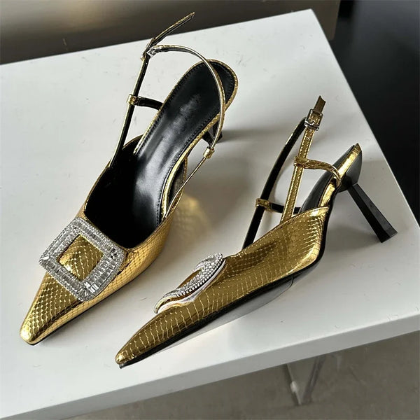 Spring Autumn Gold Silver Women Pumps Designer Pointed Toe Buckle Strap Thin Heels