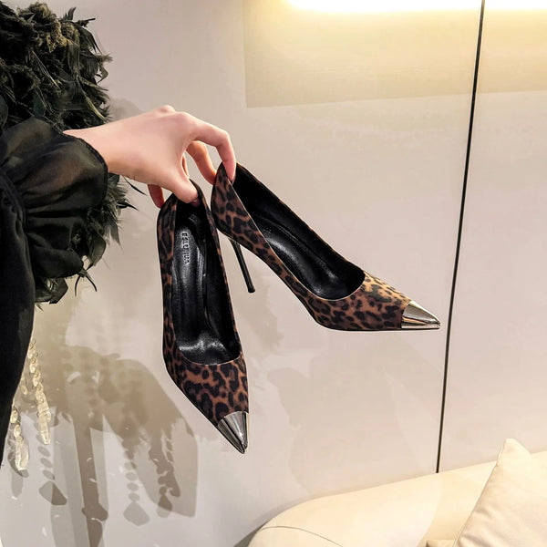 Sexy leopard print shallow high-heeled shoes with slim heels