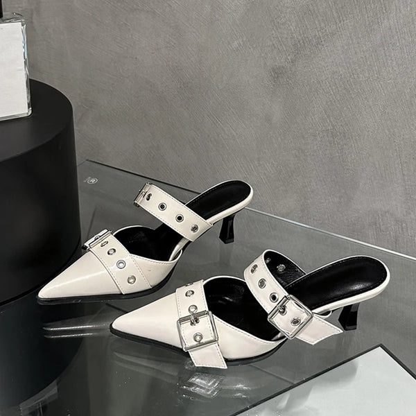 Fashion Buckle Woman Pumps Slippers White Leather Pointed Toe Slip On Slides Shoes