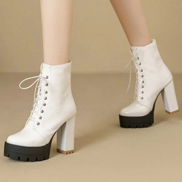 Platform Square High Heel Ladies Short Boots PU Leather
