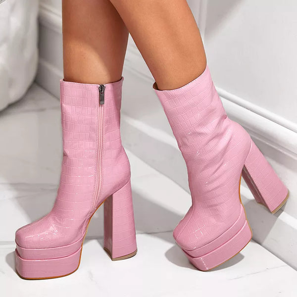 Autumn Winter Sexy Pink Snake Print Leather Women's Ankle Boots