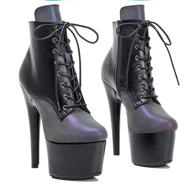 Botas de tacón alto con plataforma para mujer, de 17 cm/7 pulgadas, con parte superior de PU con reflejo de luz holográfica, para fiesta