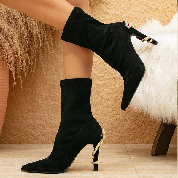 Crystal Rhinestone Black Thin Heels Shoes Ankle Boots Women