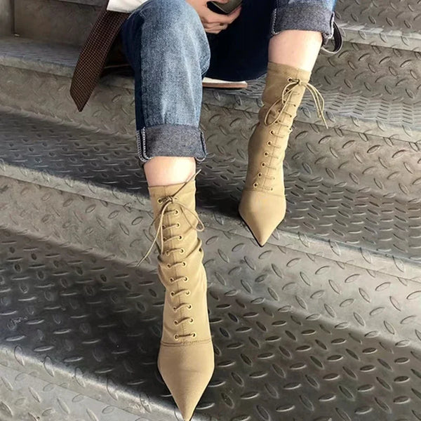 Elastic Boots New Internet Celebrity Pointed Lace Show Skinny and Thin Heels