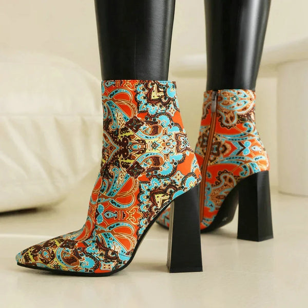 Black Red  Women Ankle Boots Fashion Pointed Toe Square High Heel Ladies Short Boots
