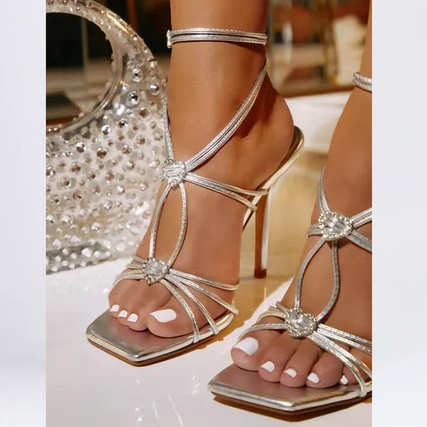 Summer Narrow Band Buckle Strap Sandals Woman Square Toe Thin High Heels Shoes