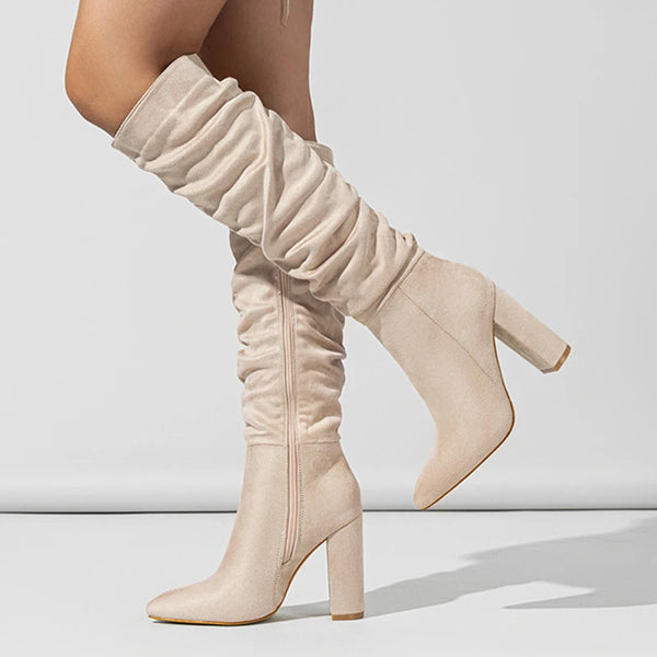 Street Style Pleated Pointed Toe Zip Thigh High Boots Female Square Heel