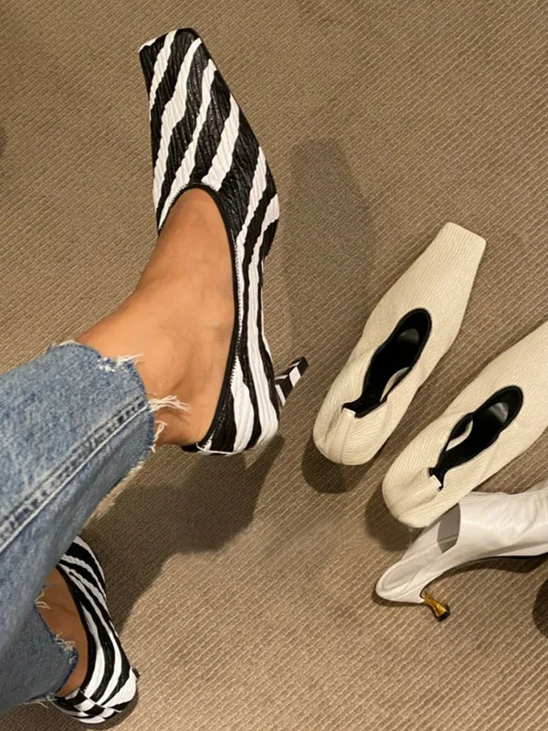 Wrinkled soft leather zebra print square toe high heels