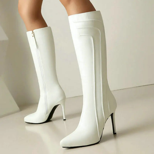 Women Knee High Boots Pointed Toe Thin High Heel Ladies Calf Boots