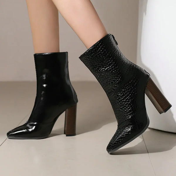 Women Ankle Boots Thick High Heel Square Toe Ladies Short Boots