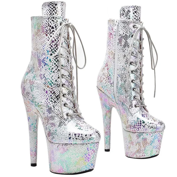 Botas modernas de tacón alto con plataforma para mujer, parte superior de PU, 17 cm/7 pulgadas, para fiesta, baile en barra