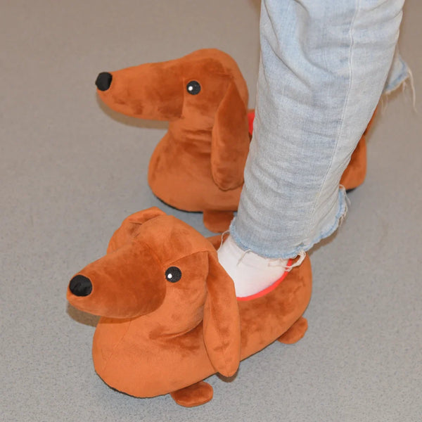 Cartoon Weiner Dog Non-Slip Fuzzy Slippers