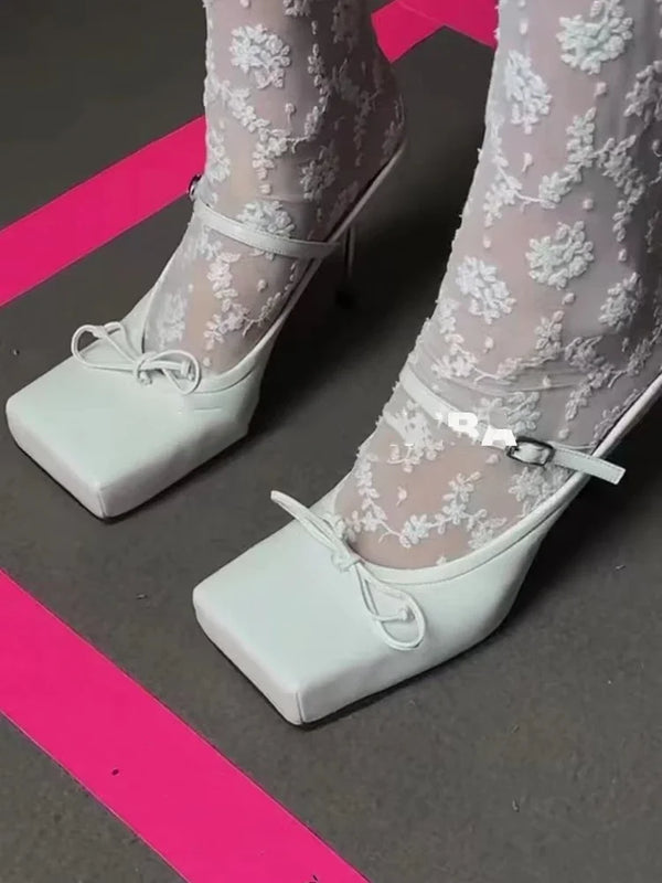 Autumn/Winter Celebrity Same Style White Square Bow Ballet High Heels