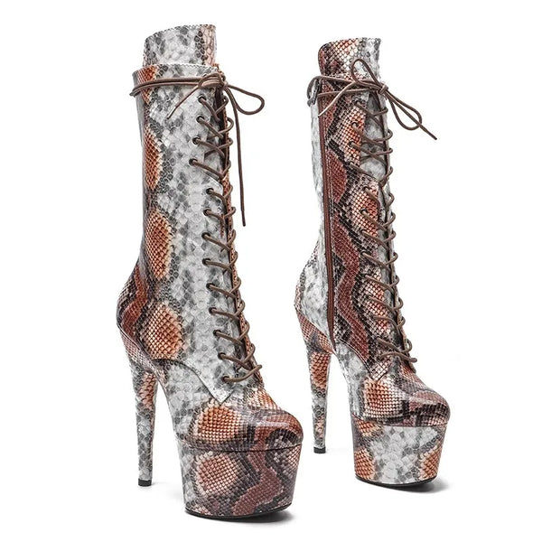Botas modernas de tacón alto con plataforma para fiesta, de PU, de 17 cm/7 pulgadas, para mujer